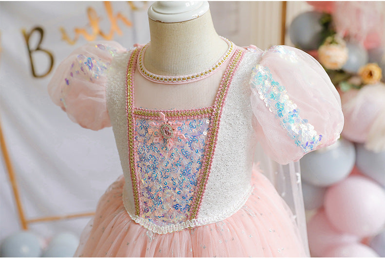 Toddler Kids Girls Solid Sequin Square Neck Bubble Sleeve Mesh Stitched Fluffy Skirt Princess Dress - PrettyKid