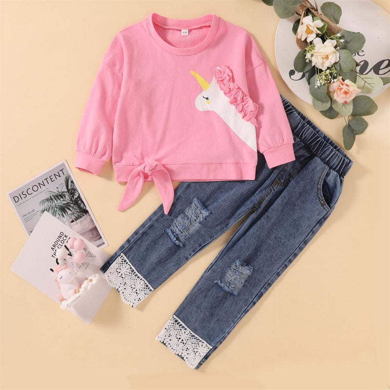 Toddler Girls Pink Long Sleeve Unicorn Top Denim Pants Set - PrettyKid