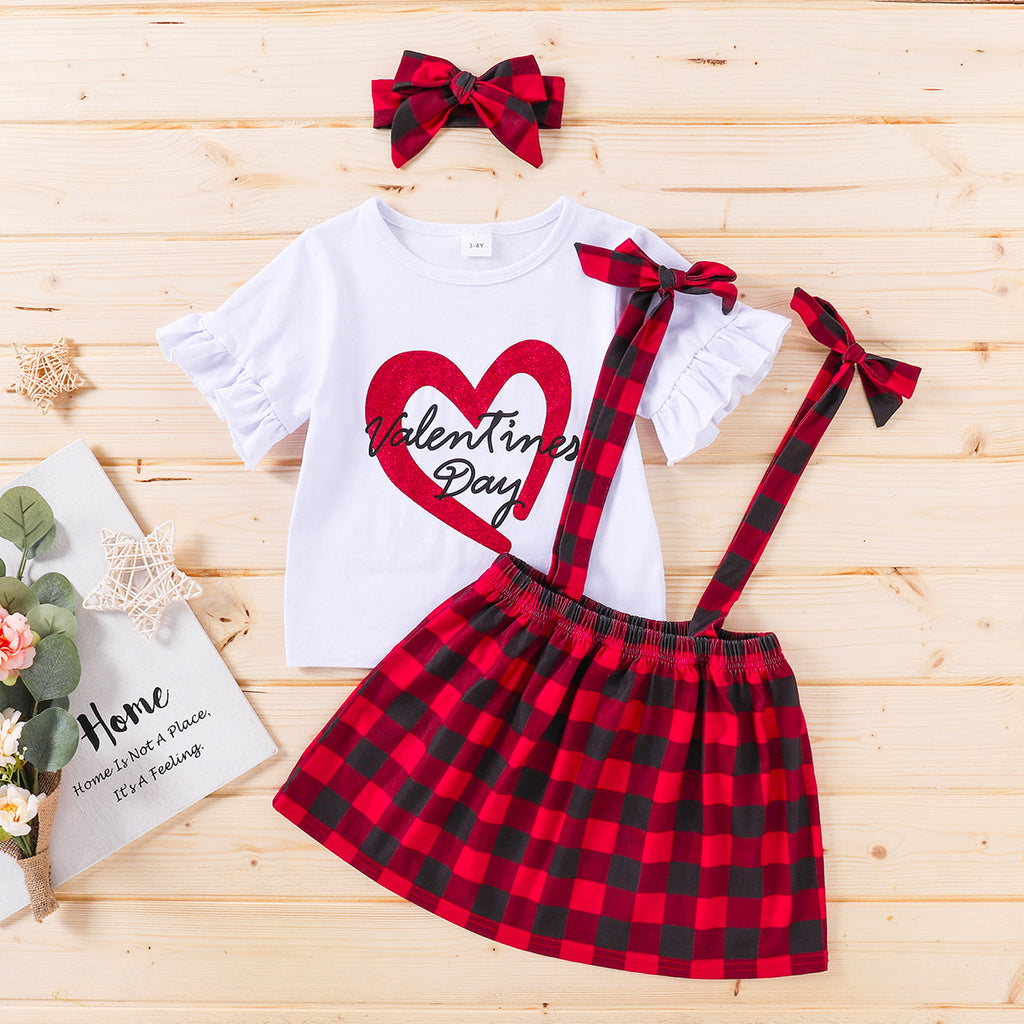 Toddler Kids Girls Solid Color Love Letters Short-sleeved Top Plaid Print Straps Skirt Set - PrettyKid