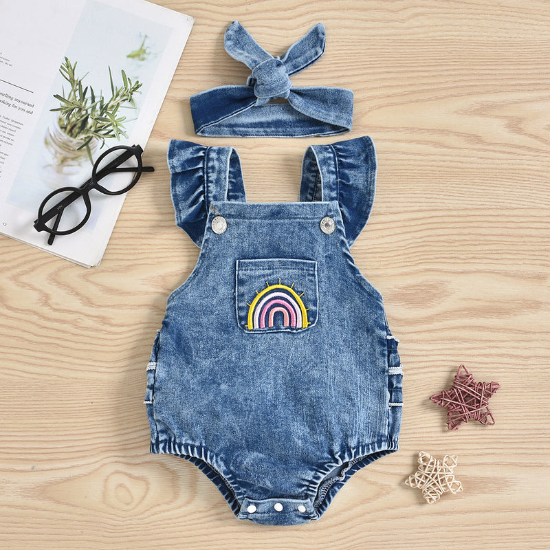 Baby Girls' Denim Rainbow Printed Jumpsuit Suit - PrettyKid