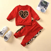 Children Girls Love Leopard Long Sleeved Sweater Pants Set - PrettyKid