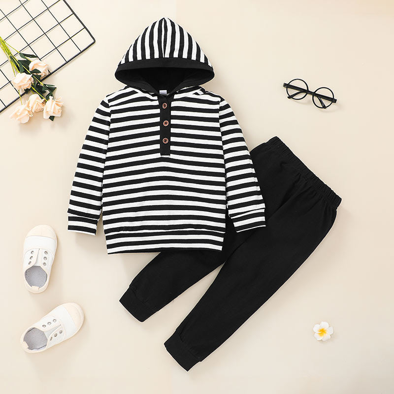 Toddler Kids Hooded Striped Top Solid Pants Set - PrettyKid