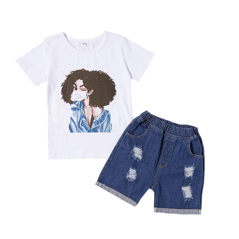 Toddler Kids Girls Solid Color Cartoon Avatar Short-sleeved T-shirt Denim Ripped Shorts Set - PrettyKid