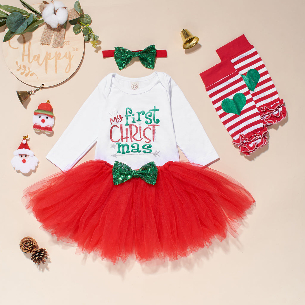 Christmas Girls Sarong Long Sleeve Bow Striped Socks Cartoon Print Letters 4PCS Set - PrettyKid
