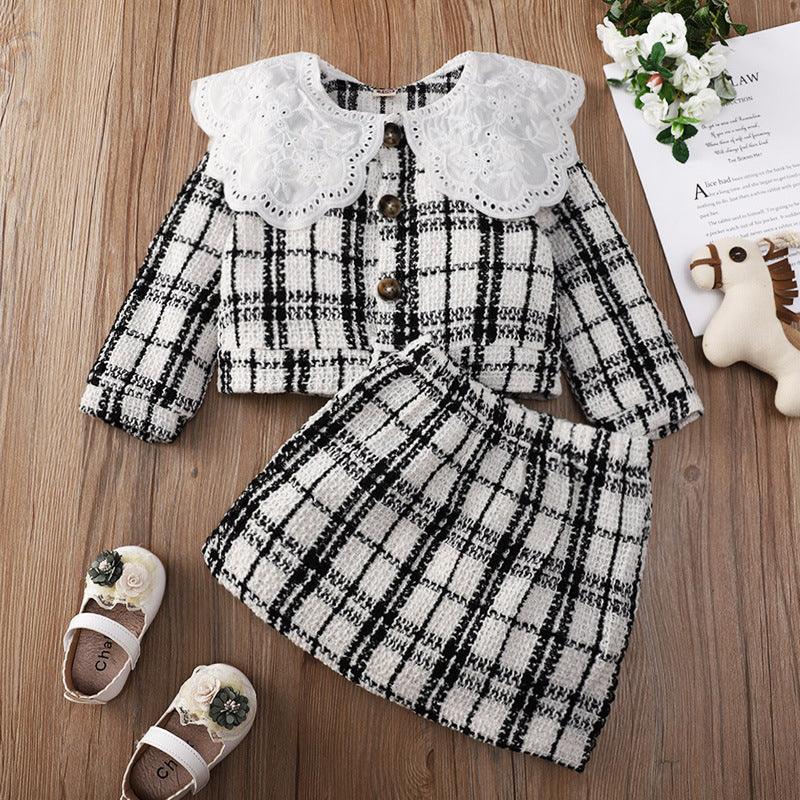 Toddler Kids Girls Black and White Plaid Printed Lace Top Skirt Set - PrettyKid