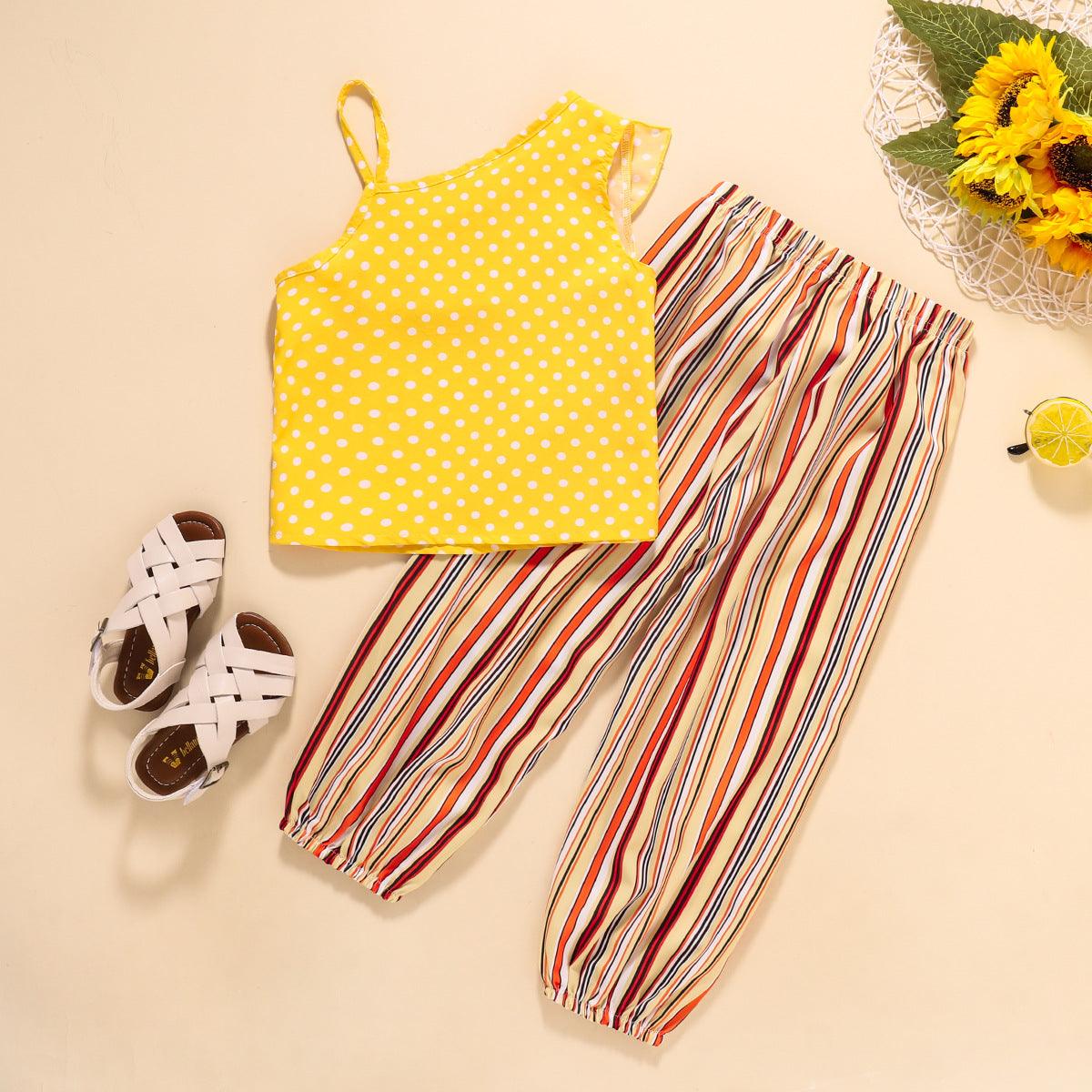 Children Girls' Wave Point Suspender Striped Pants Set - PrettyKid