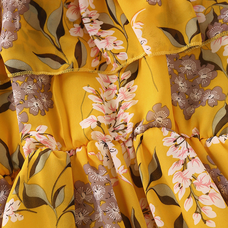 Girls Summer Solid Flower Print One Shoulder Suspender Dress - PrettyKid
