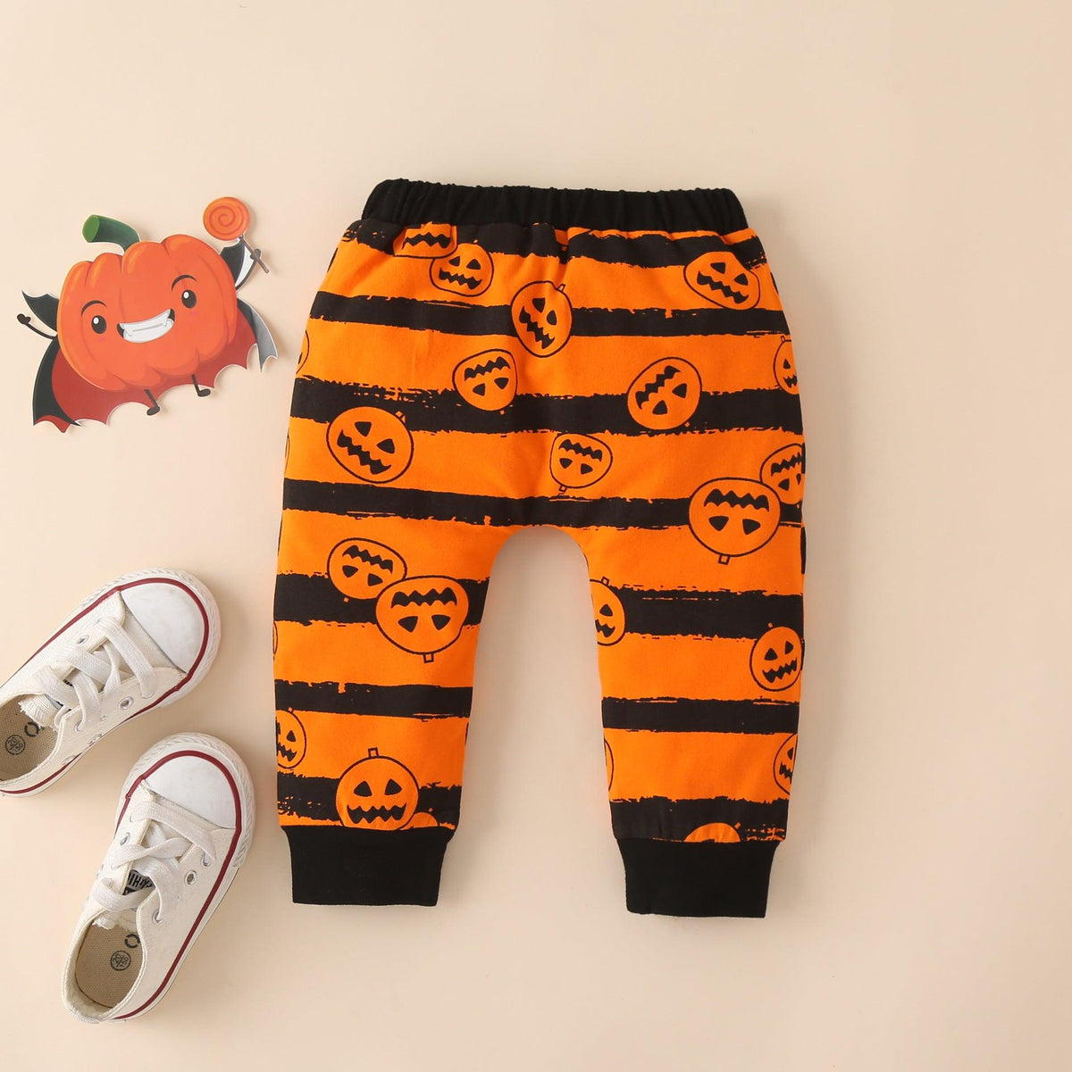 Baby Halloween Cartoon Print Long Sleeve Jumpsuit Striped Trousers Hat Set - PrettyKid