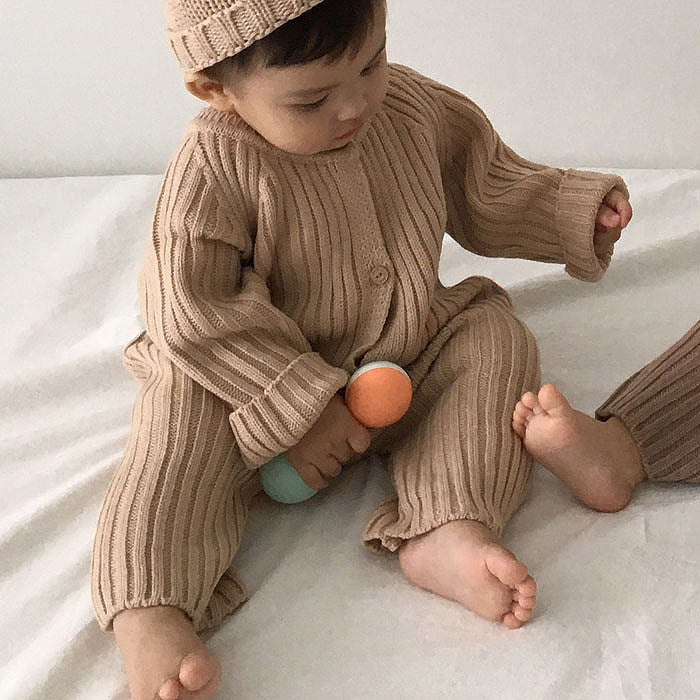 Baby Boys Girls Solid Color Long Sleeved Knitted One-piece Romper - PrettyKid