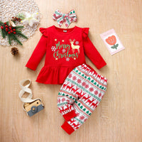 Girls Cute Cartoon Christmas Printed Long Sleeved Top Long Pants Hair Accessories Set - PrettyKid