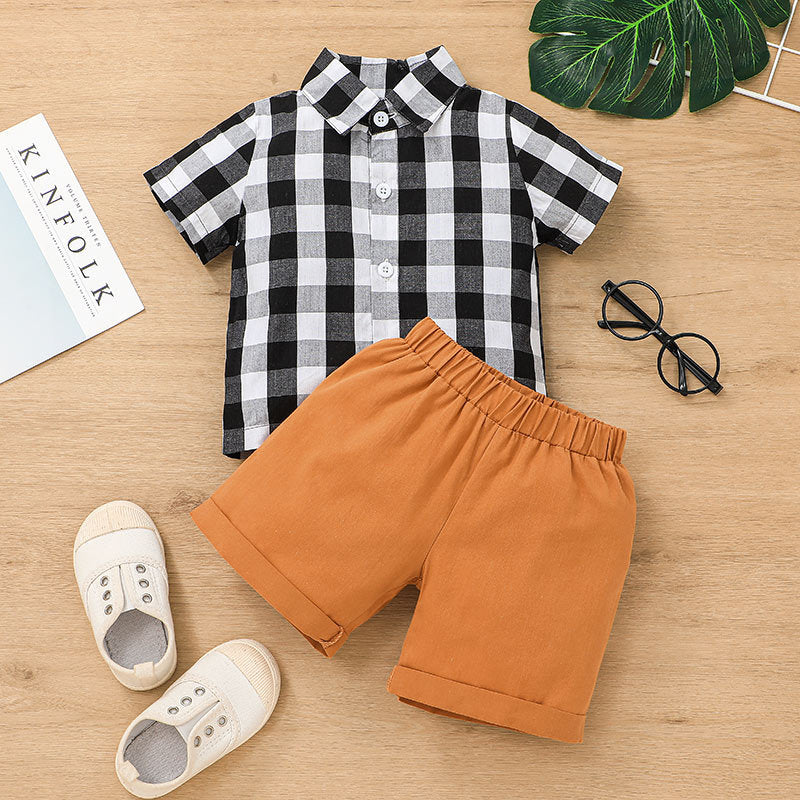 Toddler Boys Black and White Check Print Shirt Solid Shorts Set - PrettyKid
