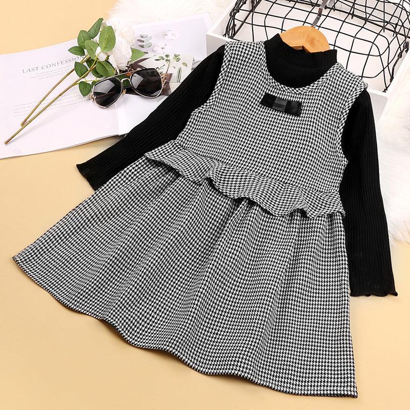 Toddler Kids Girls' Solid Color Long Sleeve Sweater Thousand Bird Check Vest Skirt Set - PrettyKid