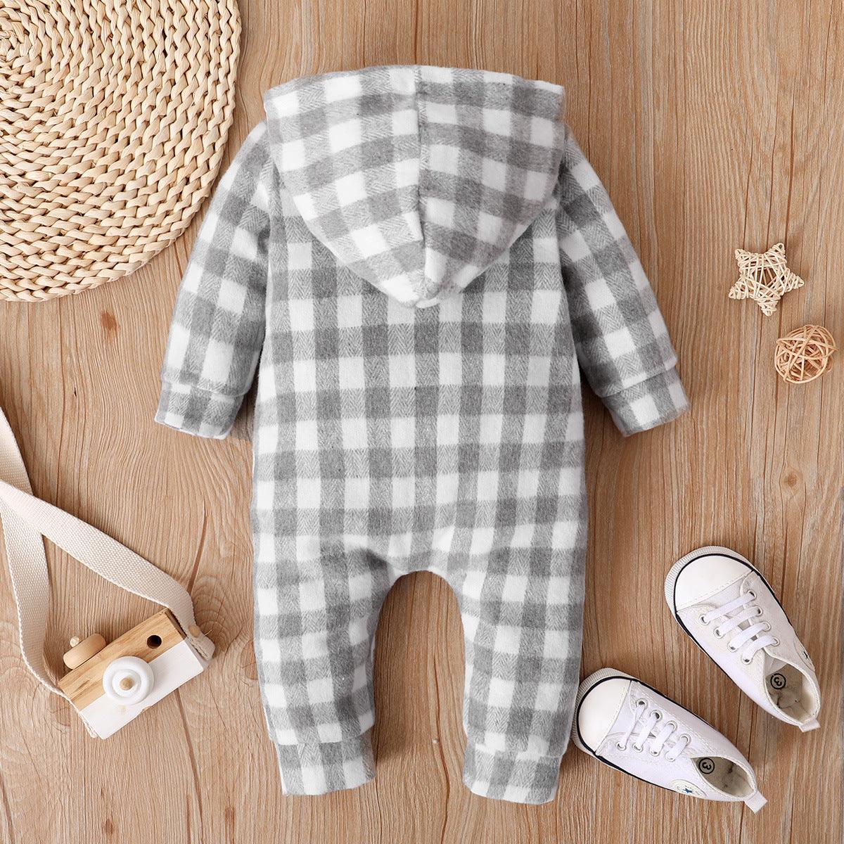 Baby Boys Girls Plaid Print Hooded Long Sleeved Jumpsuit - PrettyKid