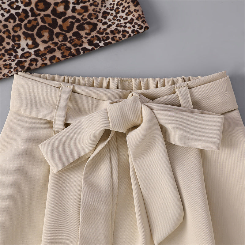 Toddler Kids Girls One Shoulder Leopard Print Top Solid Color Bow Belt Skirt Set - PrettyKid