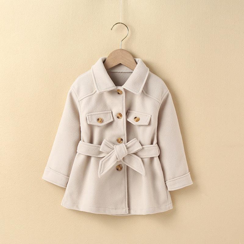 Children Girls Solid Color Medium Long Windbreaker Coat - PrettyKid