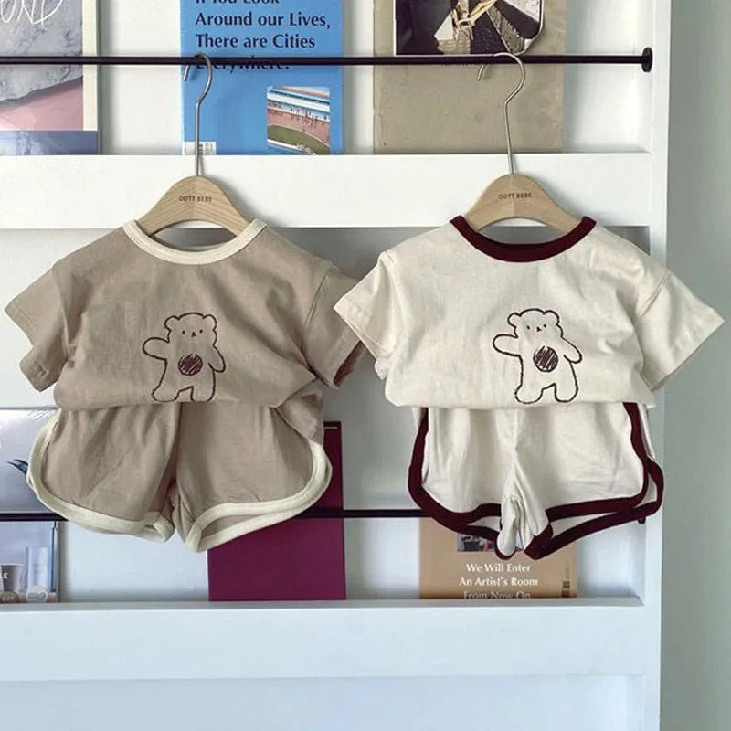 Toddler Kids Boys Solid Color Cartoon Bear Print Short Sleeve Round Neck Shorts Set - PrettyKid