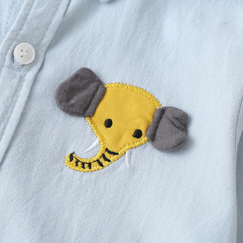 Toddler Kids Boys Solid Color Cartoon Elephant Embroidered Long Sleeve Button Shirt - PrettyKid
