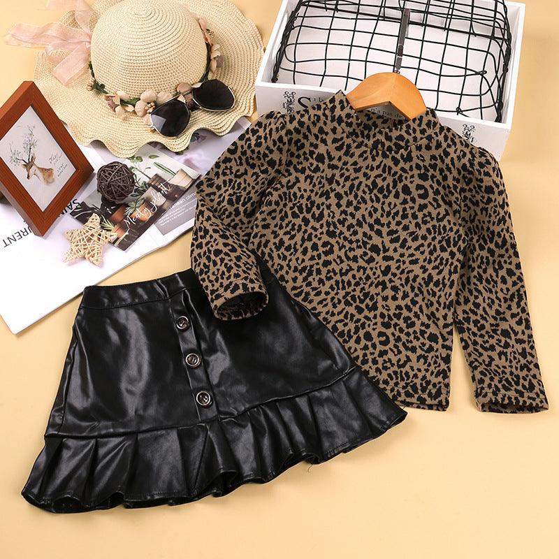 Toddler Girls Leopard Long Sleeve Top Leather Skirt Two Piece Set - PrettyKid