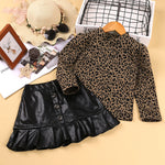 Toddler Girls Leopard Long Sleeve Top Leather Skirt Two Piece Set - PrettyKid
