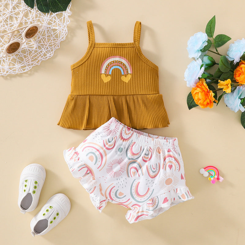 Toddler Girls Summer Solid Color Rainbow Printing Knitted Suspender Top Lovely Shorts Set - PrettyKid