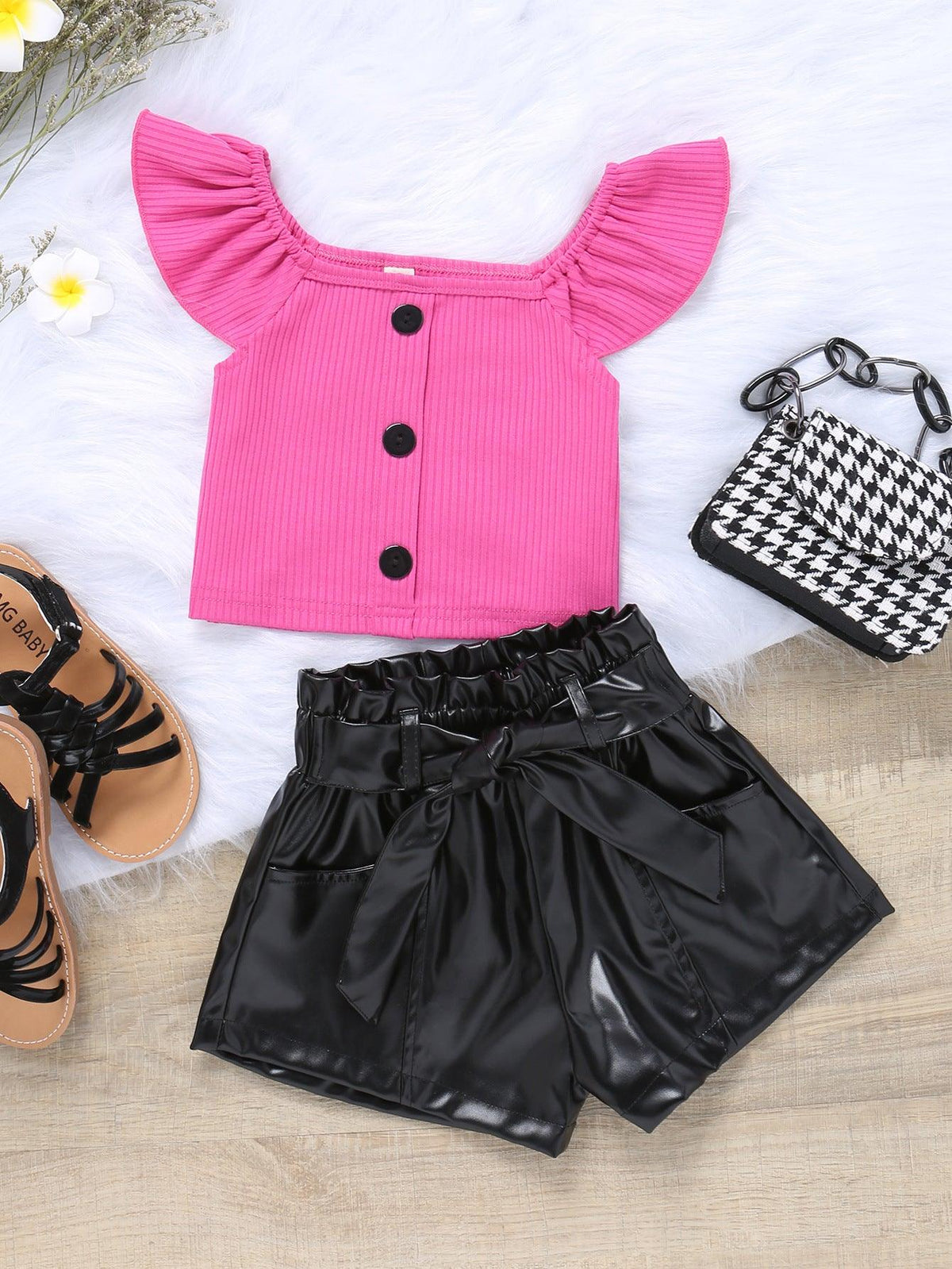 Cotton Knitted Fly Sleeve Top+leather Shorts, Belt, Three-piece Set for Girls