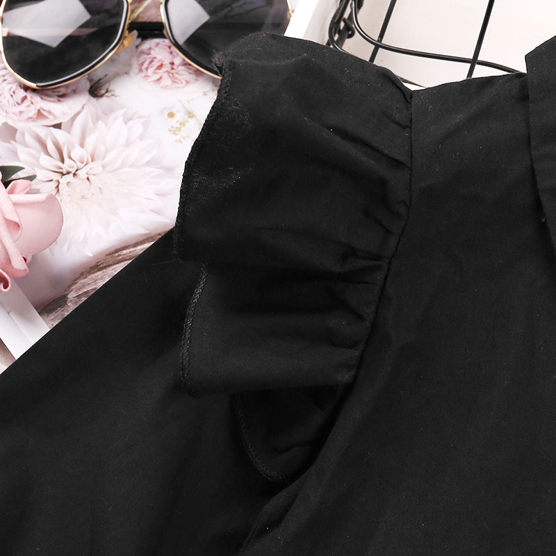 Toddler Kids Girls Solid Lace Long Sleeve Dress Bow Denim Waist Set - PrettyKid
