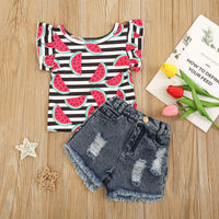 Toddler kids girls' watermelon print short sleeve top denim shorts suit - PrettyKid