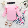 Baby Girls Solid Color Long Sleeved Jumpsuit Flower Print Bow Strap Skirt Headband Set - PrettyKid