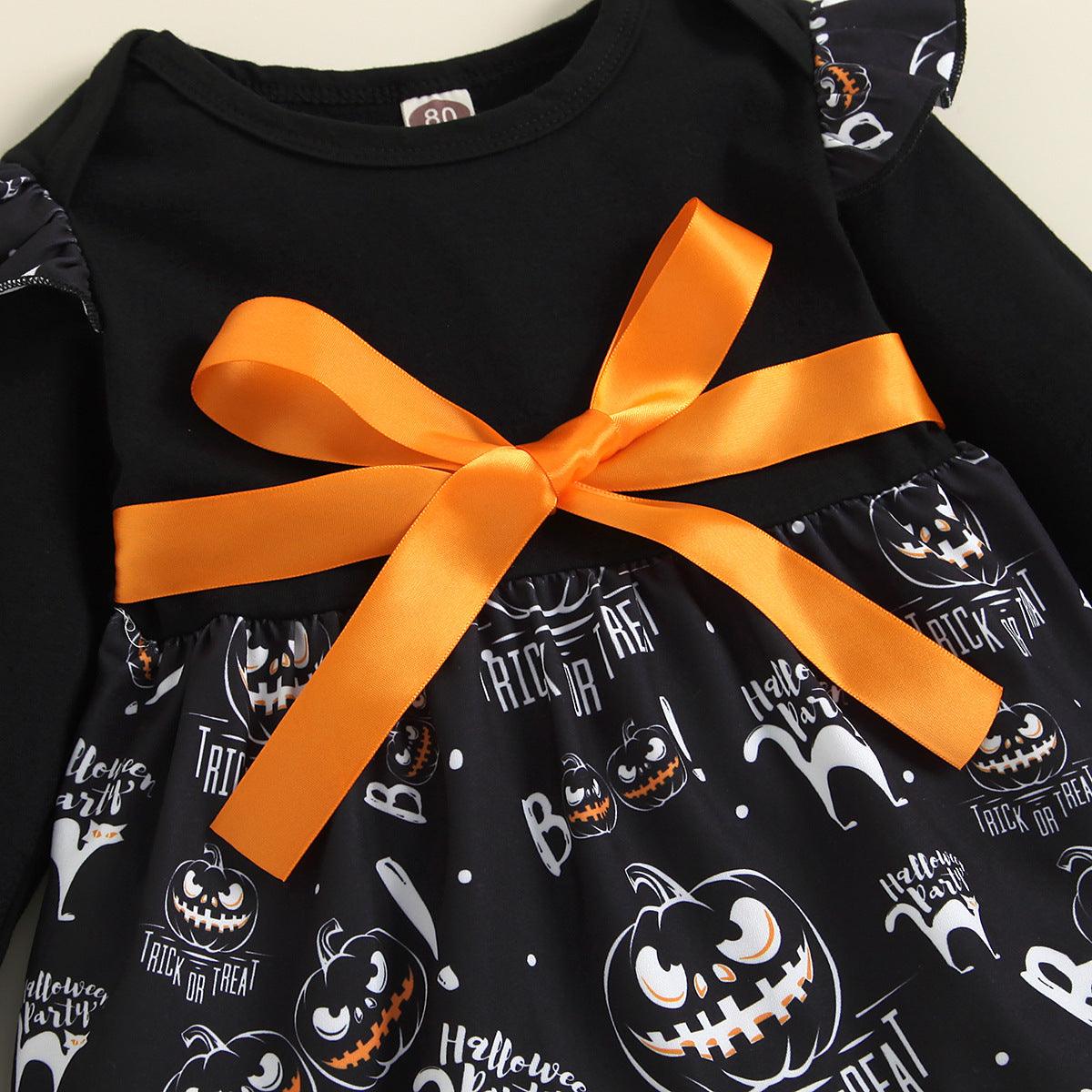 Baby Girls Halloween Pumpkin Print Long Sleeve Dress - PrettyKid