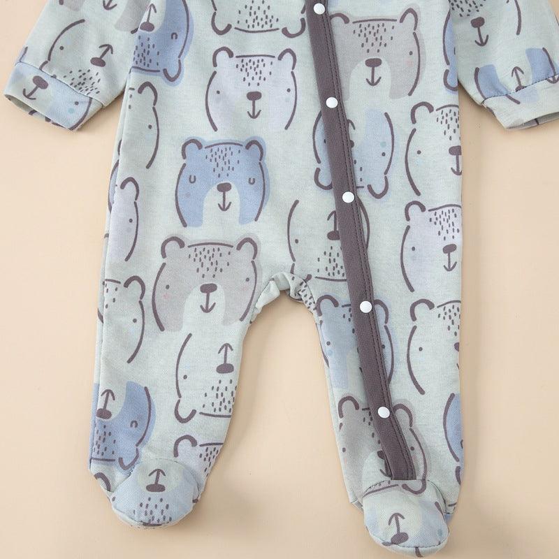 Baby Cartoon Bear Print Slant Placket Wrap Long Sleeved Jumpsuit - PrettyKid