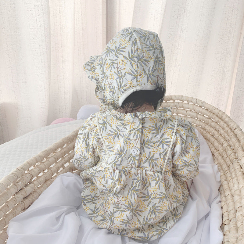 2022 Spring and Autumn Newborn Baby Floral Jumpsuit Long-sleeved Baby Cotton Package Fart Harness Crawling Clothes with Cap - PrettyKid