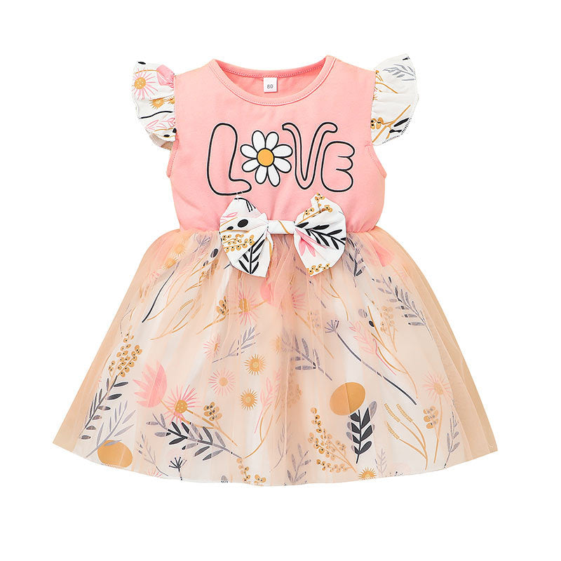 Toddler Kids Girl Summer Bow Flower Print Screen Sleeveless Dress - PrettyKid