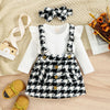 Baby Girls Solid Color Long-sleeved Knitted Jumpsuit Plaid Straps Dress Bow Hair Accessories Set - PrettyKid
