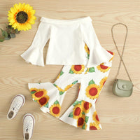 Toddler Kids Girls White Trumpet Sleeve Top Sunflower Print Pants Set - PrettyKid