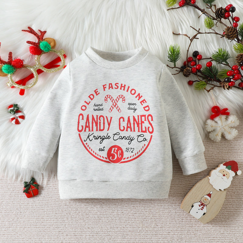 Toddler Boys Girls Solid Color Cartoon Christmas Letter Print Long-sleeved Sweatshirt - PrettyKid