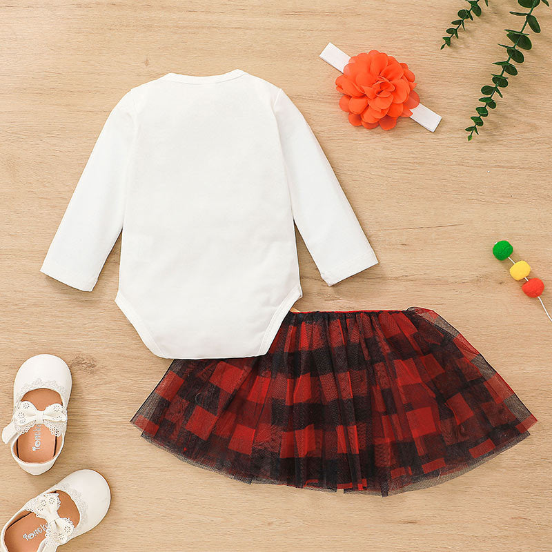 Baby Girls Solid Color Cartoon Letters Printed Long Sleeved Top Plaid Mesh Short Skirt - PrettyKid