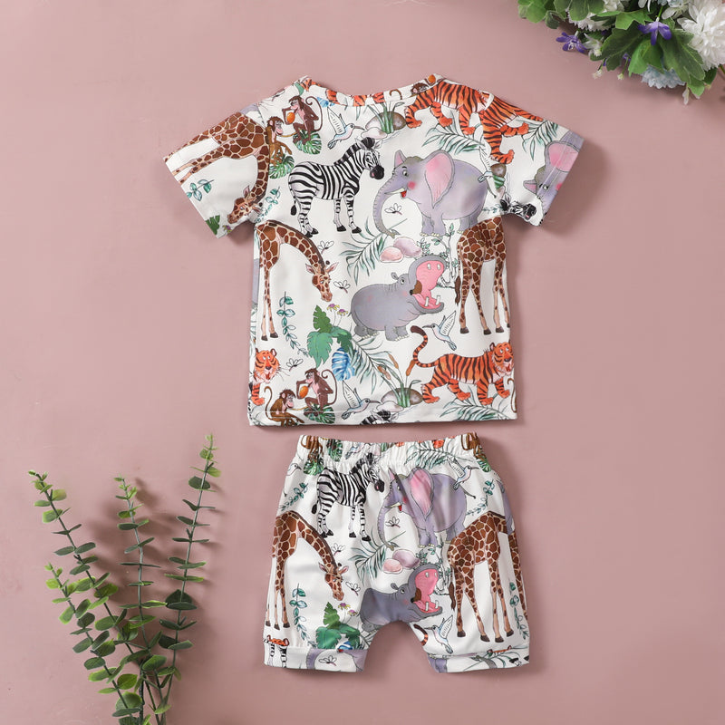 Toddler Boys Summer Cartoon Animal Print Short Sleeve T-shirt Shorts Set - PrettyKid