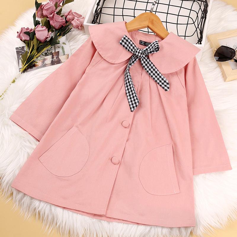 Toddler Kids Girls' Solid Color Plaid Bow Tie Long Sleeve Coat - PrettyKid