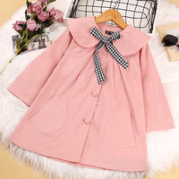 Toddler Kids Girls' Solid Color Plaid Bow Tie Long Sleeve Coat - PrettyKid