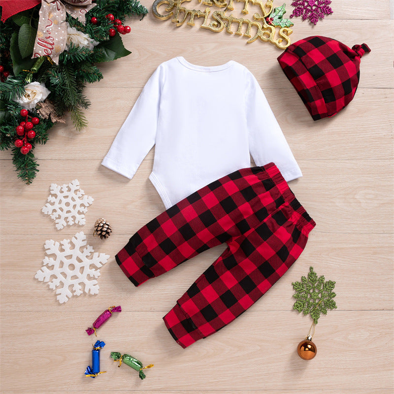 Baby Boys Solid Christmas Print Bodysuit Plaid Pants Hat Tie Set - PrettyKid