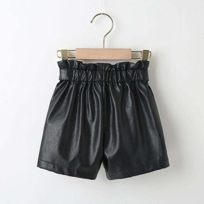 Toddler Kids Girls Solid Color PU Leather Shorts - PrettyKid