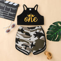 Toddler Kids Girl Solid Letter Print Suspender Top Camouflage Shorts Sportswear - PrettyKid