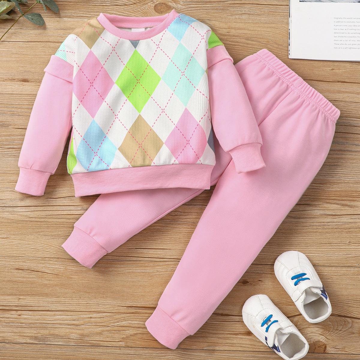 Toddler Kids Solid Color Rhombus Print Round Neck Long Sleeve Loungewear Suit - PrettyKid