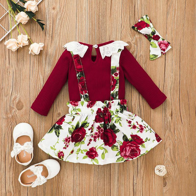 Baby Girls Solid Color One-piece Printed Suspender Skirt Set - PrettyKid