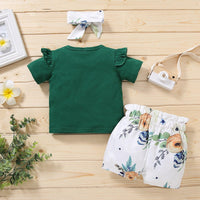 Little Girl Letter Printed Short Sleeve Top Bow Shorts 3pcs Set - PrettyKid