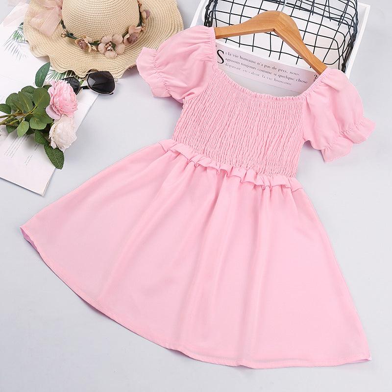 Toddler Kids Girls Summer Solid Color Generous Collar Pleated Smocked Lace Short Sleeved Dress - PrettyKid