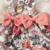 Baby Girls Solid Color Long Sleeve Jumpsuit Flower Print Suspender Skirt Bow Set - PrettyKid