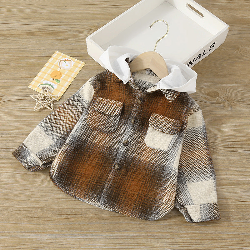 Toddler Kids Brown Plaid Hooded Button Up Shirt Coat - PrettyKid