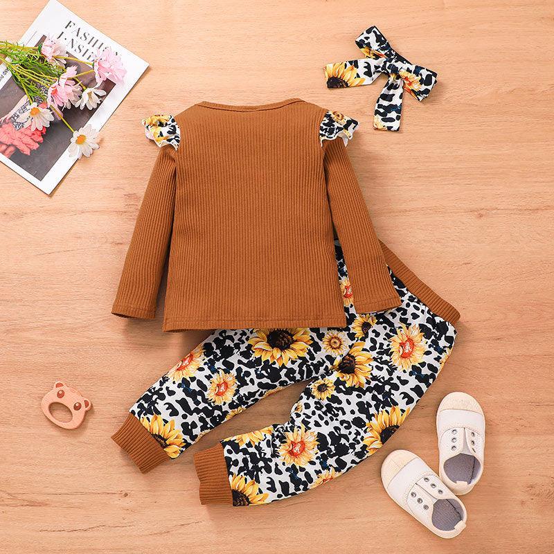 Toddler Kids Girls Solid Letter Long Sleeve Top Flower Print Pants Set - PrettyKid