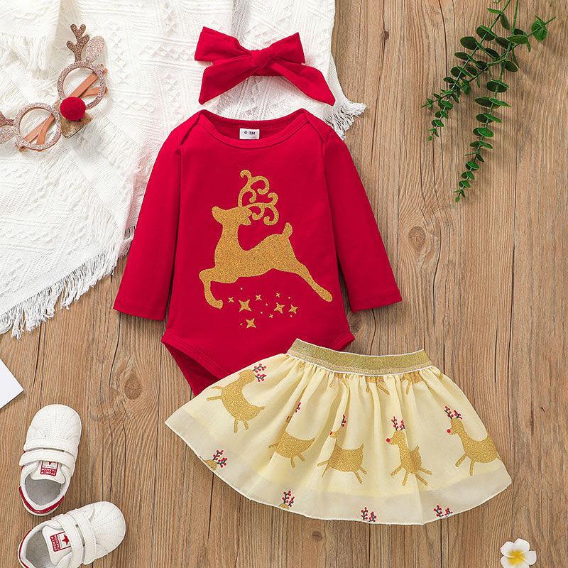 Baby Girls Christmas Long Sleeve Jumpsuit Mesh Skirt Set - PrettyKid